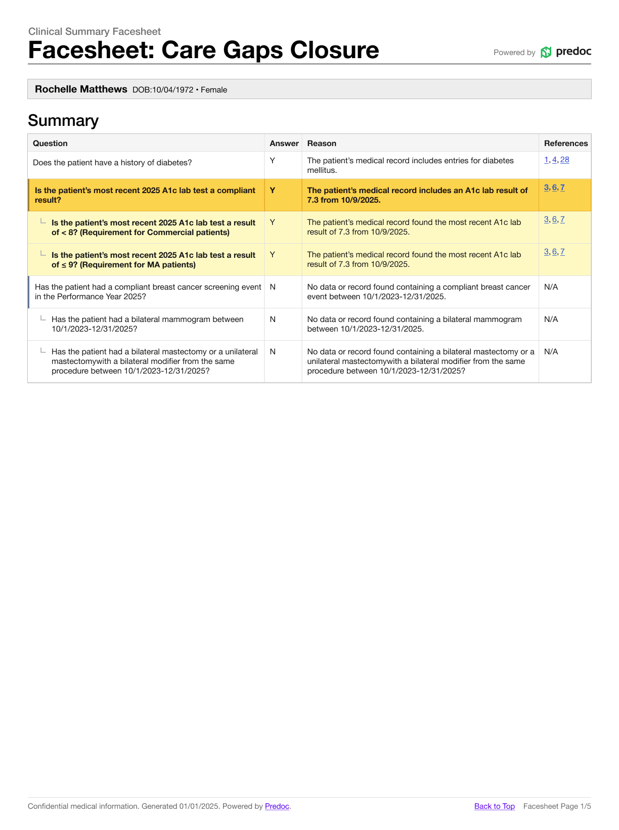 Predoc facesheet showing inclusion and exclusion criteria with automated answers and source references